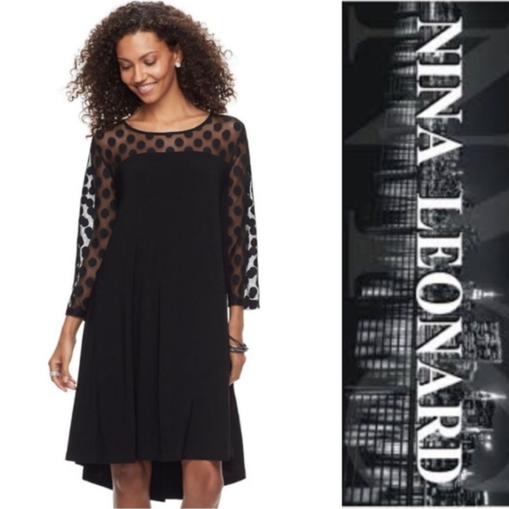 NWT Nina Leonard Black Swing High-Low Dress Polka Dot Illusion Size Medium